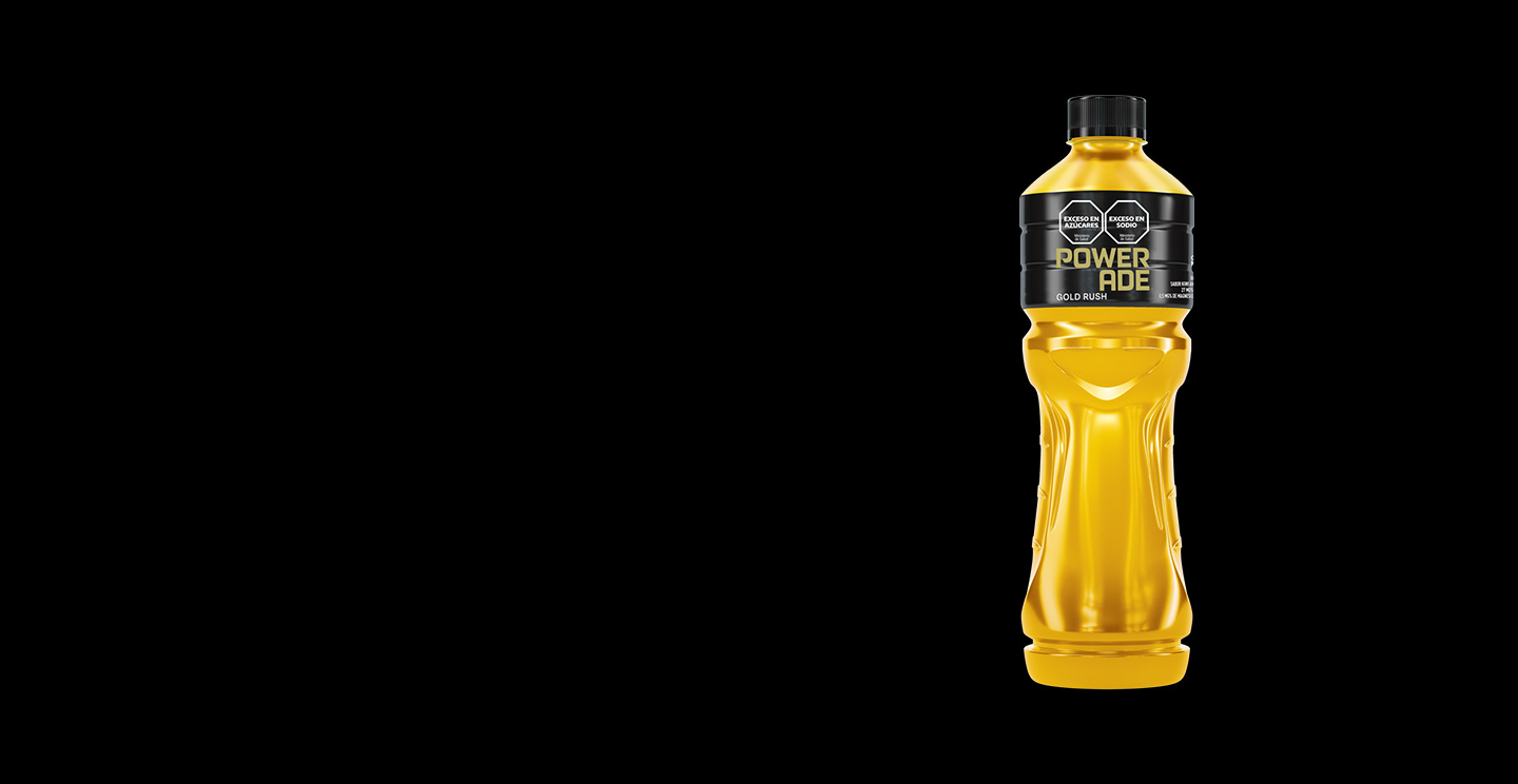 : Botella de Powerade  'Gold Rush' en un fondo negro. El envase presenta un color dorado vibrante con el logotipo de Powerade y los anillos olímpicos, destacando su asociación como bebida oficial olímpica.​