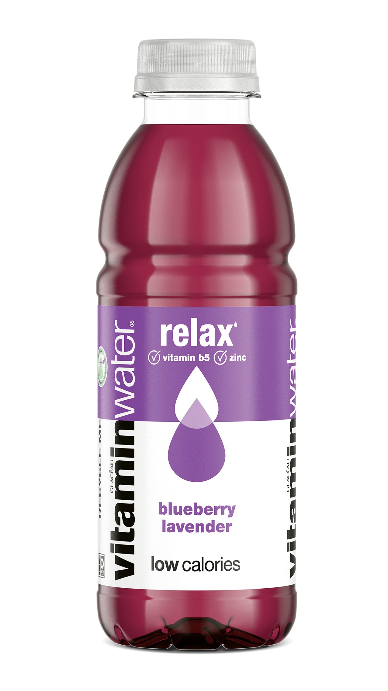 Eine Flasche Glacéau Vitaminwater  in der Variante relax Heidelbeere Lavendel.