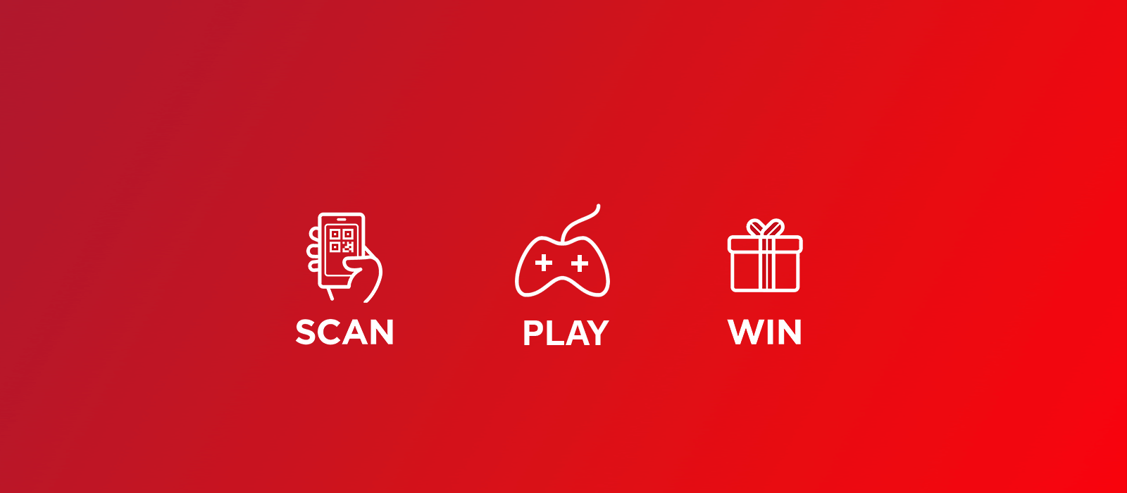 Scan, Play, Win Icons auf rotem Hintergrund.