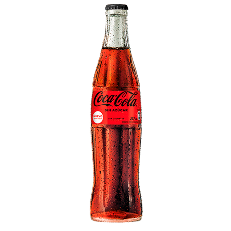 Botella Individual de vidrio de Coca-Cola sin azúcar.