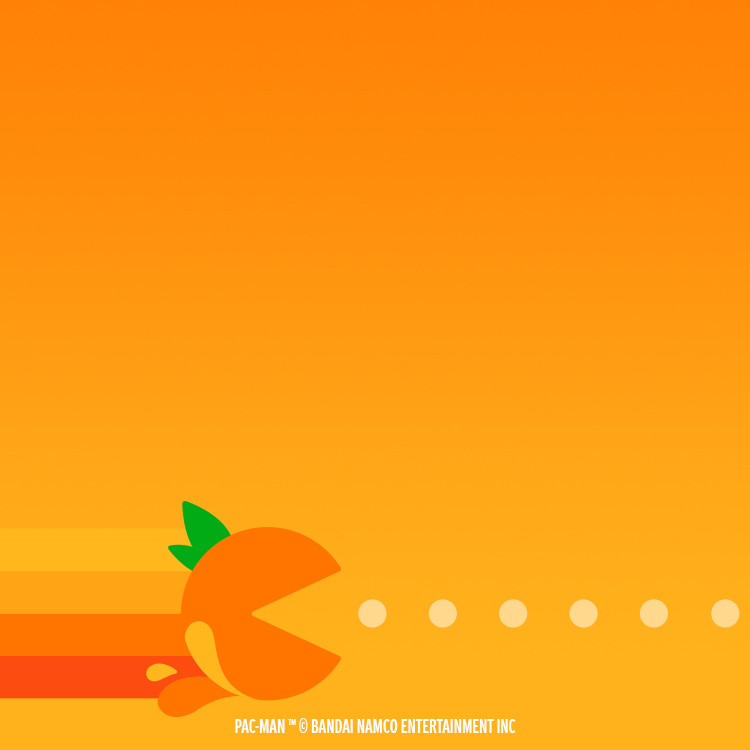 Pac-Man caracterizado como una naranja avanzando sobre un fondo naranja más claro anunciando la nueva Fanta Pac-Man edición limitada.