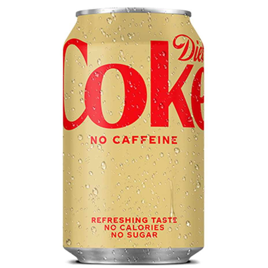 Caffeine Free Diet Coke can on white background.