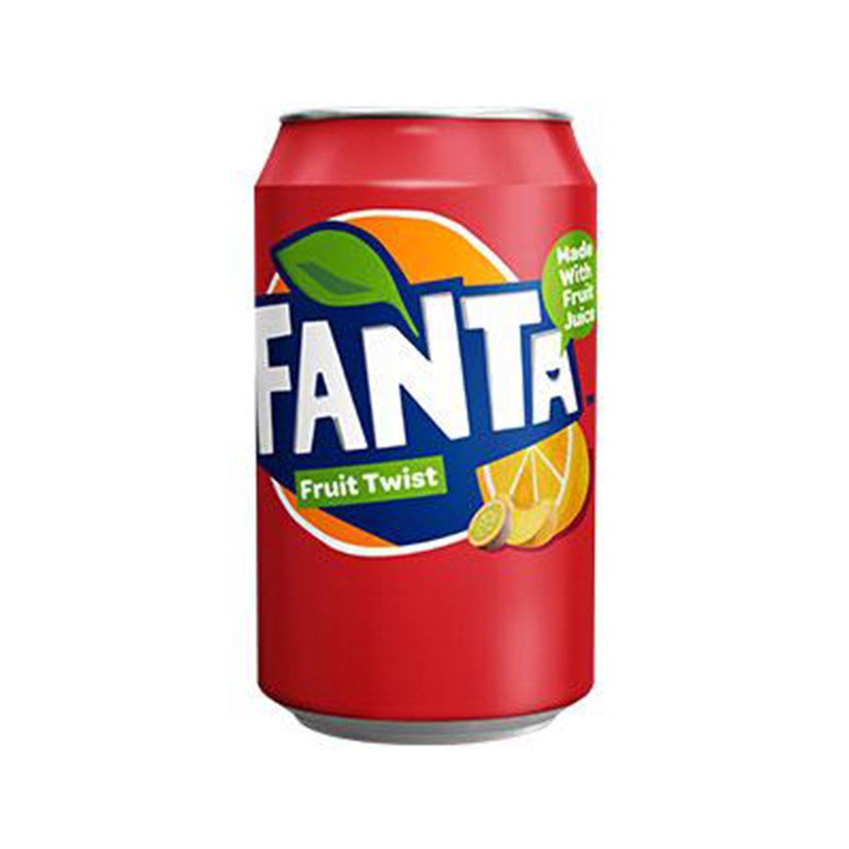 Fanta Fruit Twist can on white background.