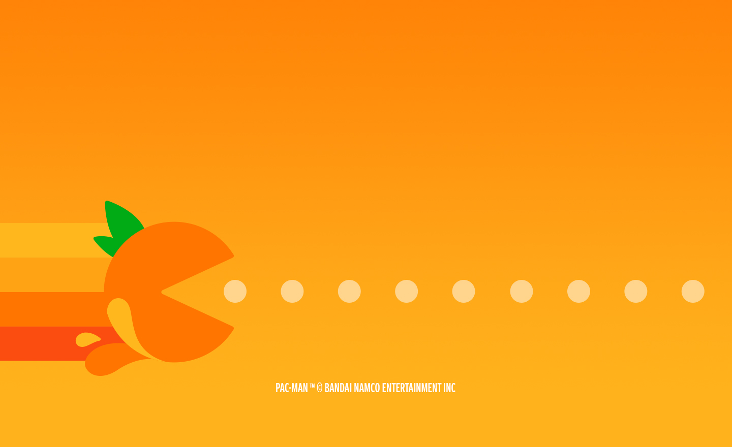 Pac-Man caracterizado como una naranja avanzando mientras come puntos sobre un fondo naranja más claro.
