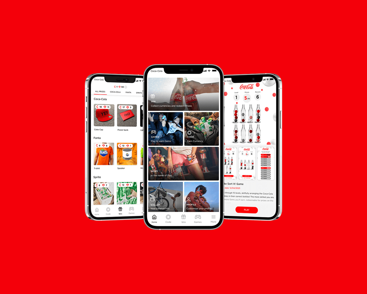 Smartphones displaying Coca-Cola app screens