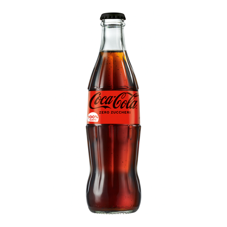 Bottiglia di Coca-Cola Zero Zuccheri in vetro.
