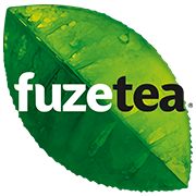 Fuzetea-logoen, hvit og sort tekst på et grønt te-blad oppå en hvit bakgrunn