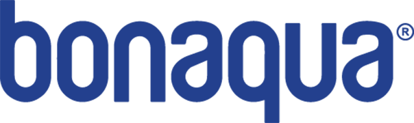 Bonaqua-logoen, blå bokstaver på hvit bakgrunn