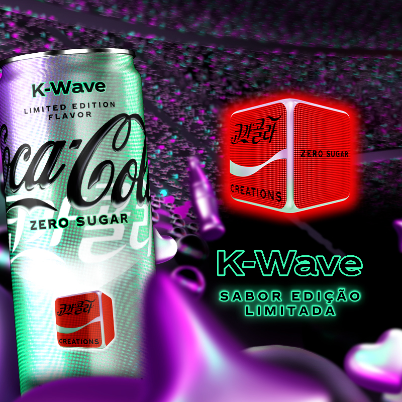 Lata de Coca-Cola K-Wave sobre un fondo futurista