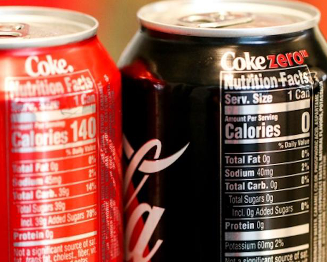 Shot of the nutritional values table on the back of a Coke Zero and Coke Classic can