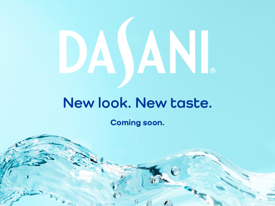 like teal background with rolling wave at the bottom third of the page, text that says "New look. New taste. Coming soon."