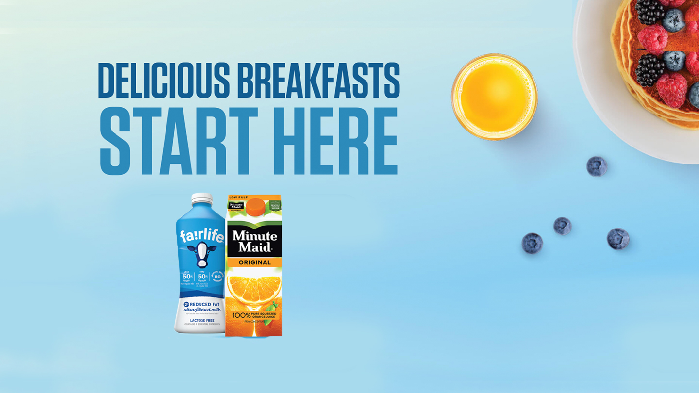 A blue background with pancakes, a box of Minute Maid orange juice and a bottle of Fair Life