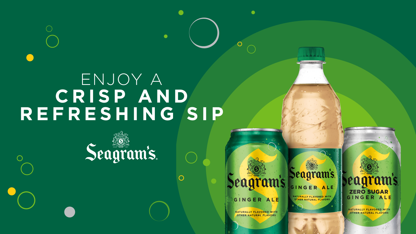 Ad for Seagram's Ginger Ale with two cans atop a green background, with the phrase "Enjoy a crisp and refreshing sip"