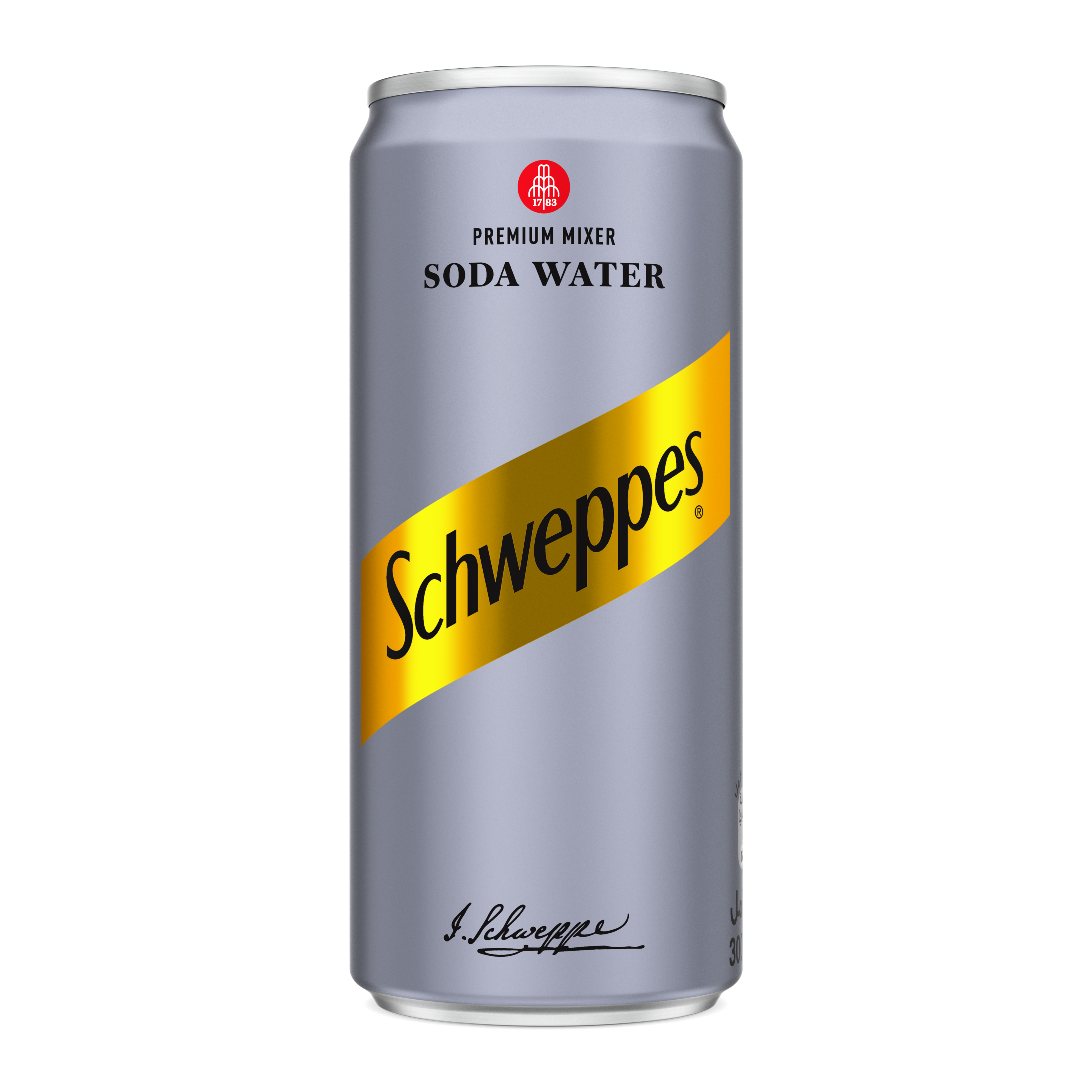 Schweppes Soda Water can on white background