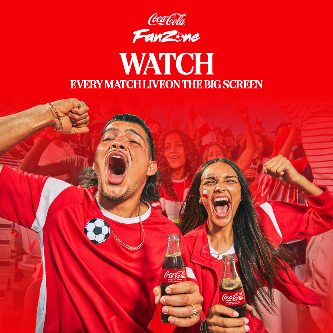 Football fans celebrating together at a Coca-Cola Fan Zone