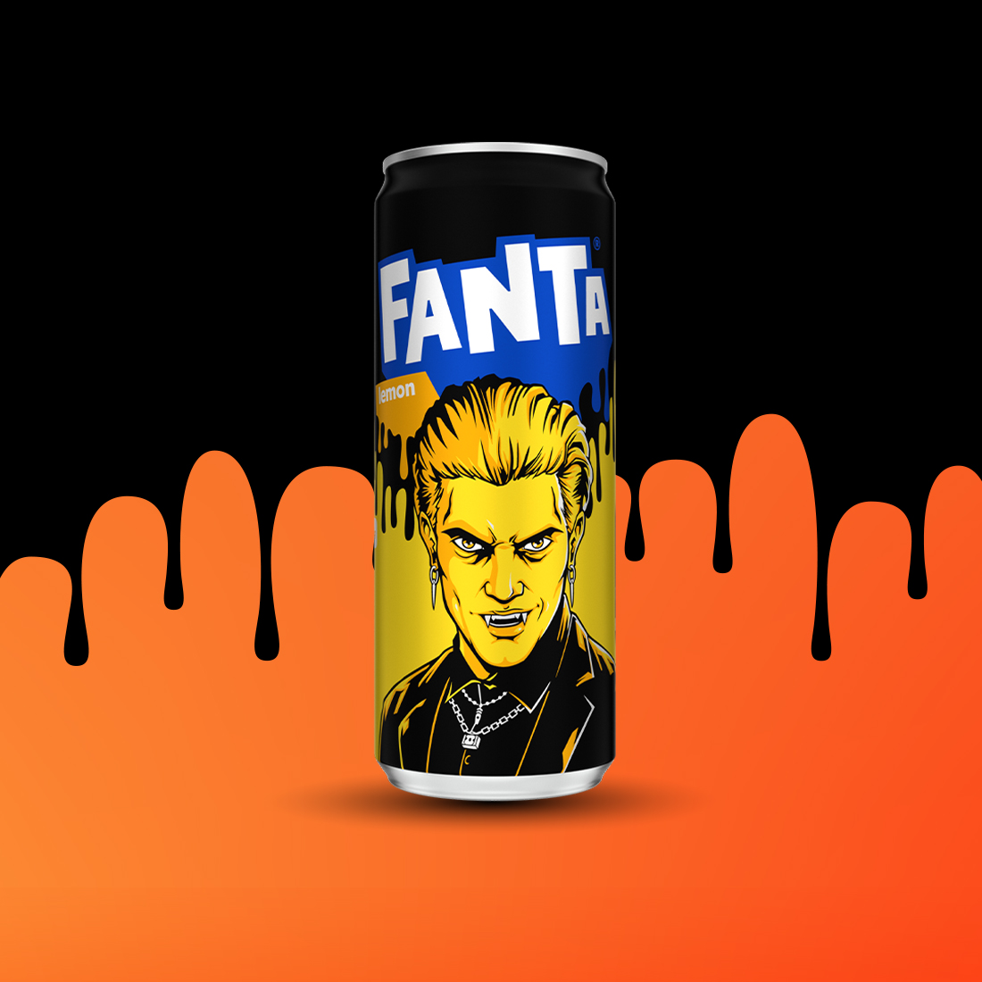 Kanaçe Fanta Lemon edicion i limituar me një personazh Fanta Halloween.