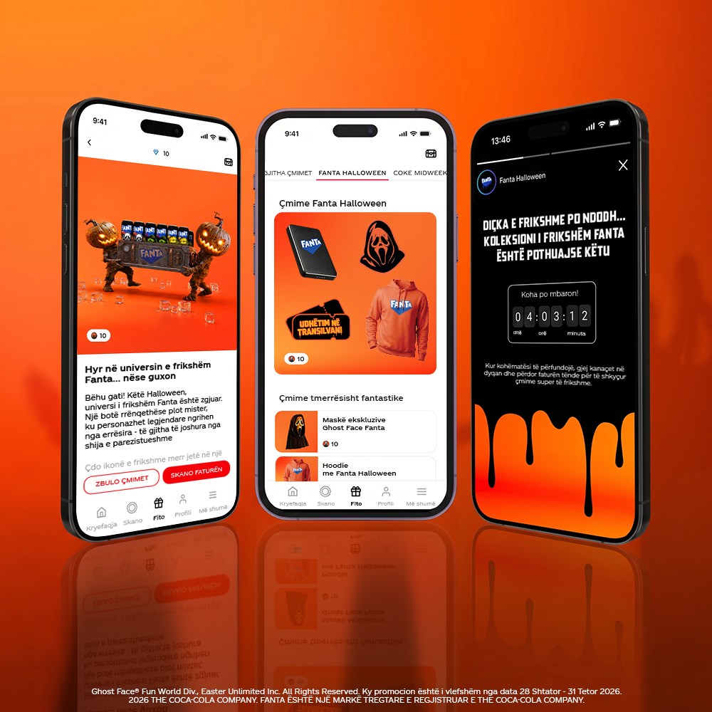 Ekrani promovues i aplikacionit Coca-Cola që shfaq Universin e Frikshëm Fanta dhe kanaçet Fanta Halloween në edicion të limituar.
