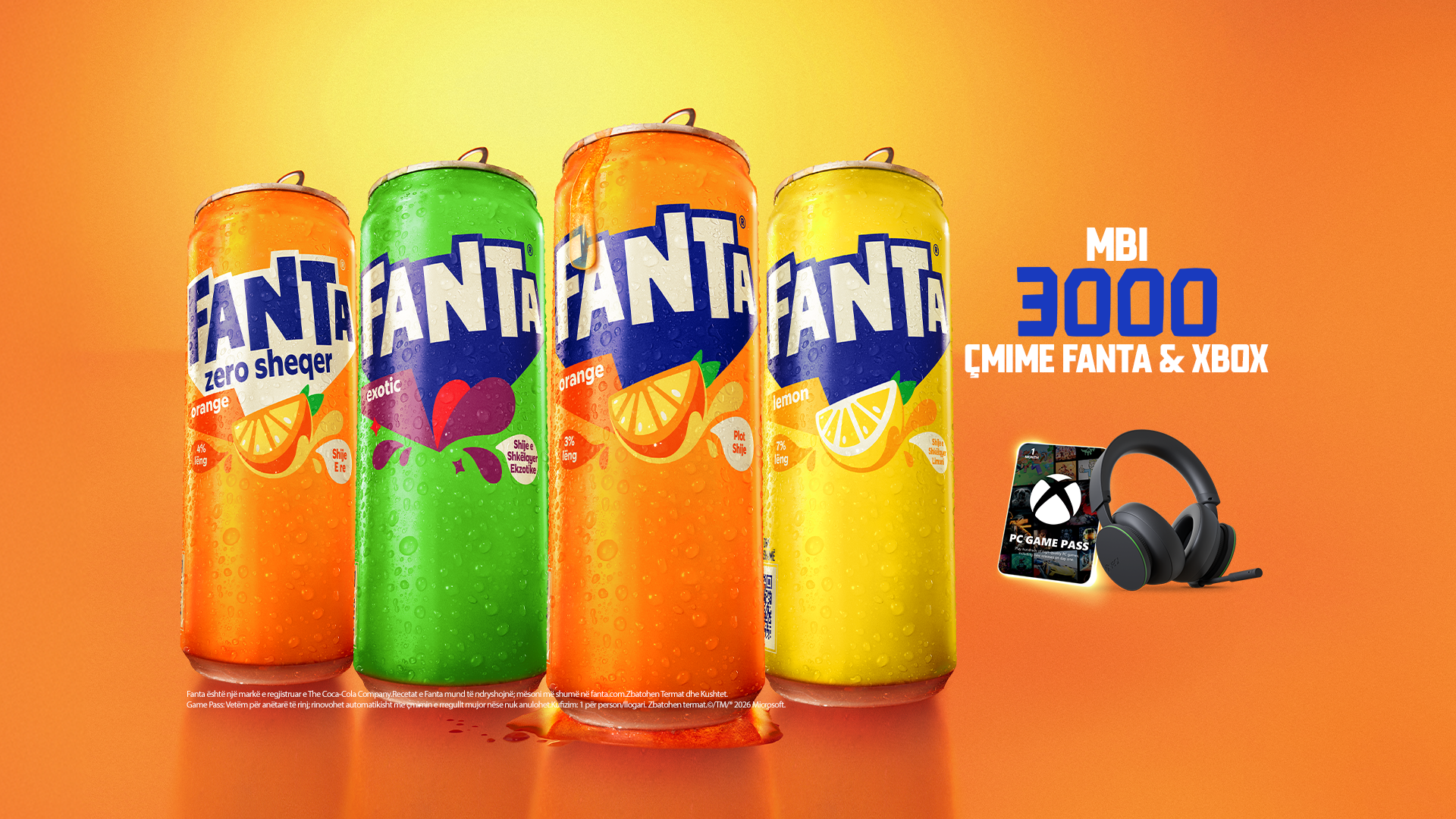 Një kanaçe Fanta me tekst që promovon çmime Xbox që jepen [çdo 5 minuta]; sfond portokalli dhe i verdhë me shkronja të trasha.