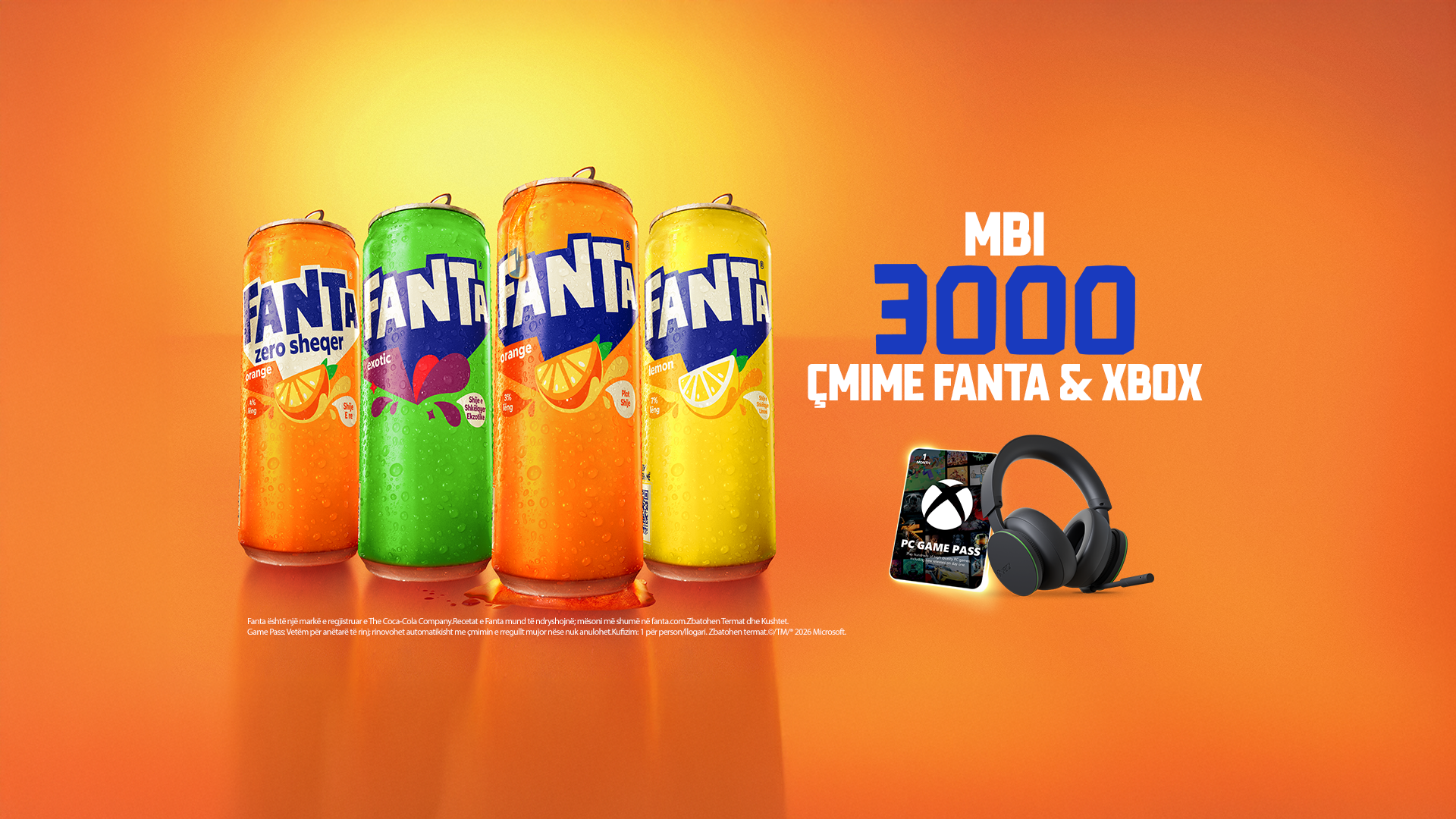 Një kanaçe Fanta me tekst që promovon çmime Xbox që jepen [çdo 5 minuta]; sfond portokalli dhe i verdhë me shkronja të trasha.