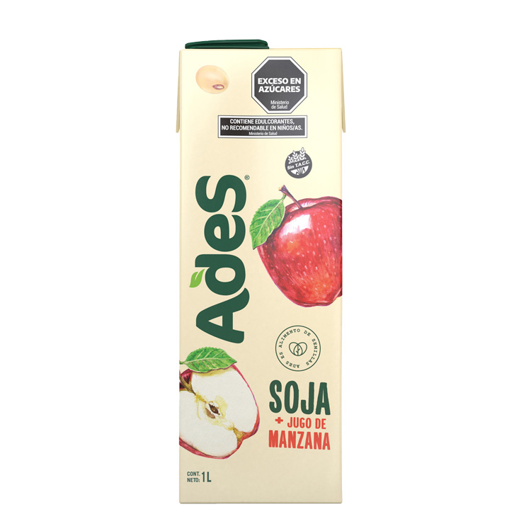 Botella de litro Ades sabor soja más jugo de Manzana.