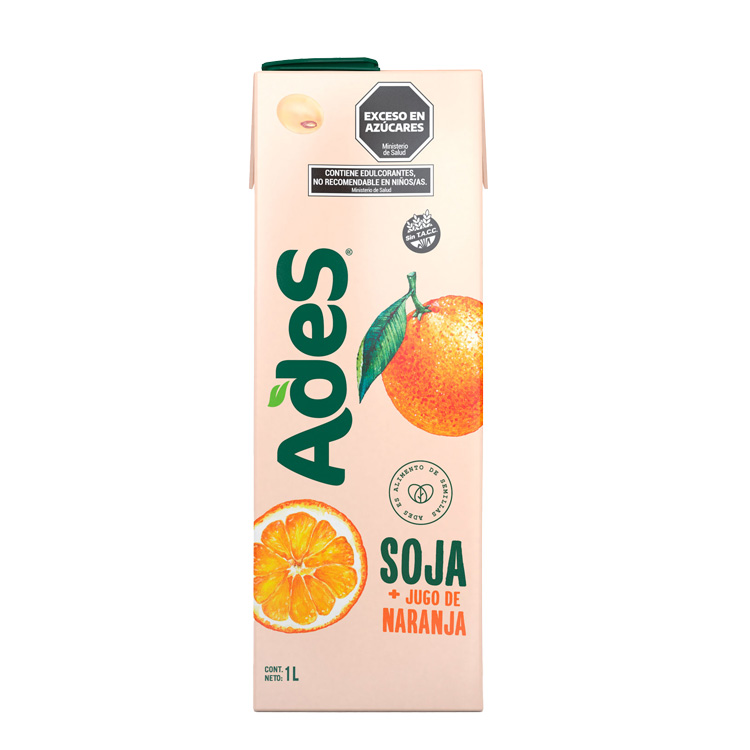 Botella de litro Ades sabor Soja más Jugo de Naranja.