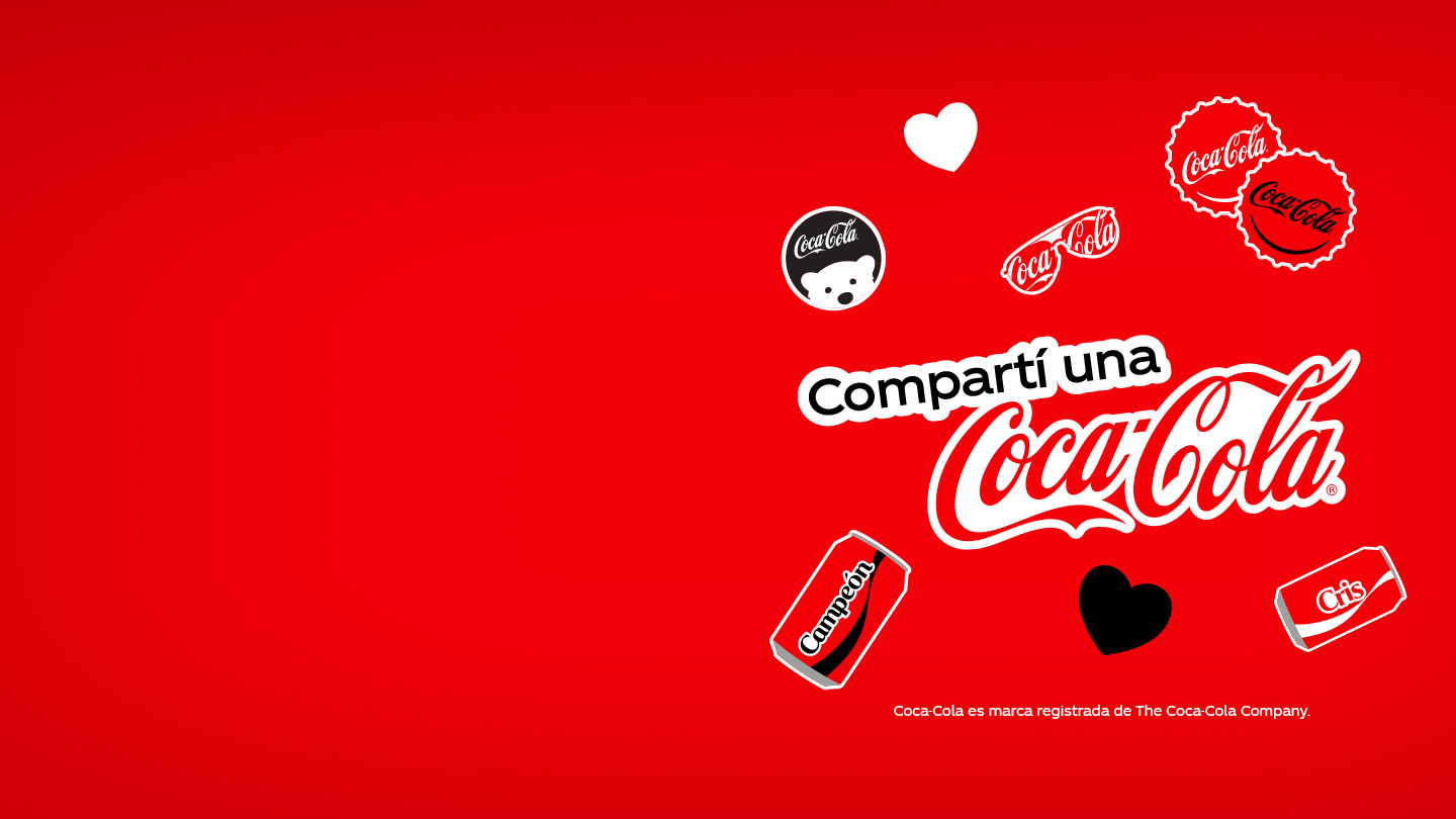Texto "Compartí una Coca-Cola" sobre un fondo rojo con ilustraciones de la marca.