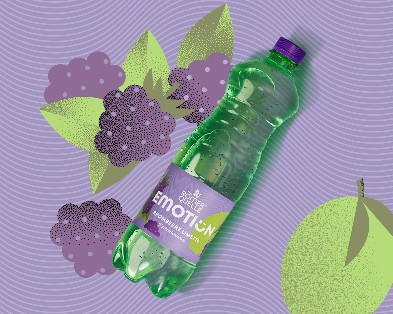Zwei Formate des Getränks Römerquelle Brombeere-Limette