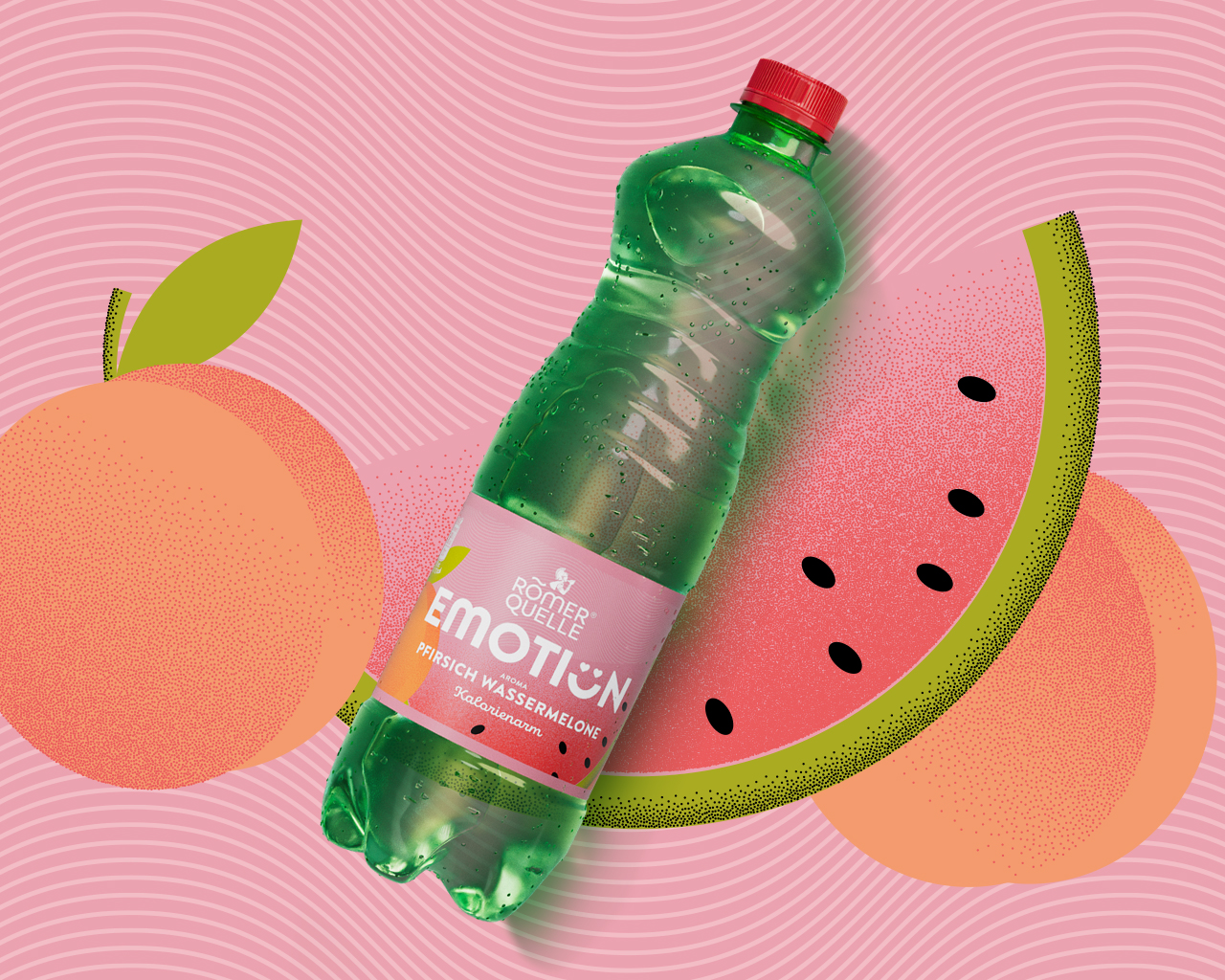 Eine Flasche Römerquelle Emotion Pfirsich-Wassermelone