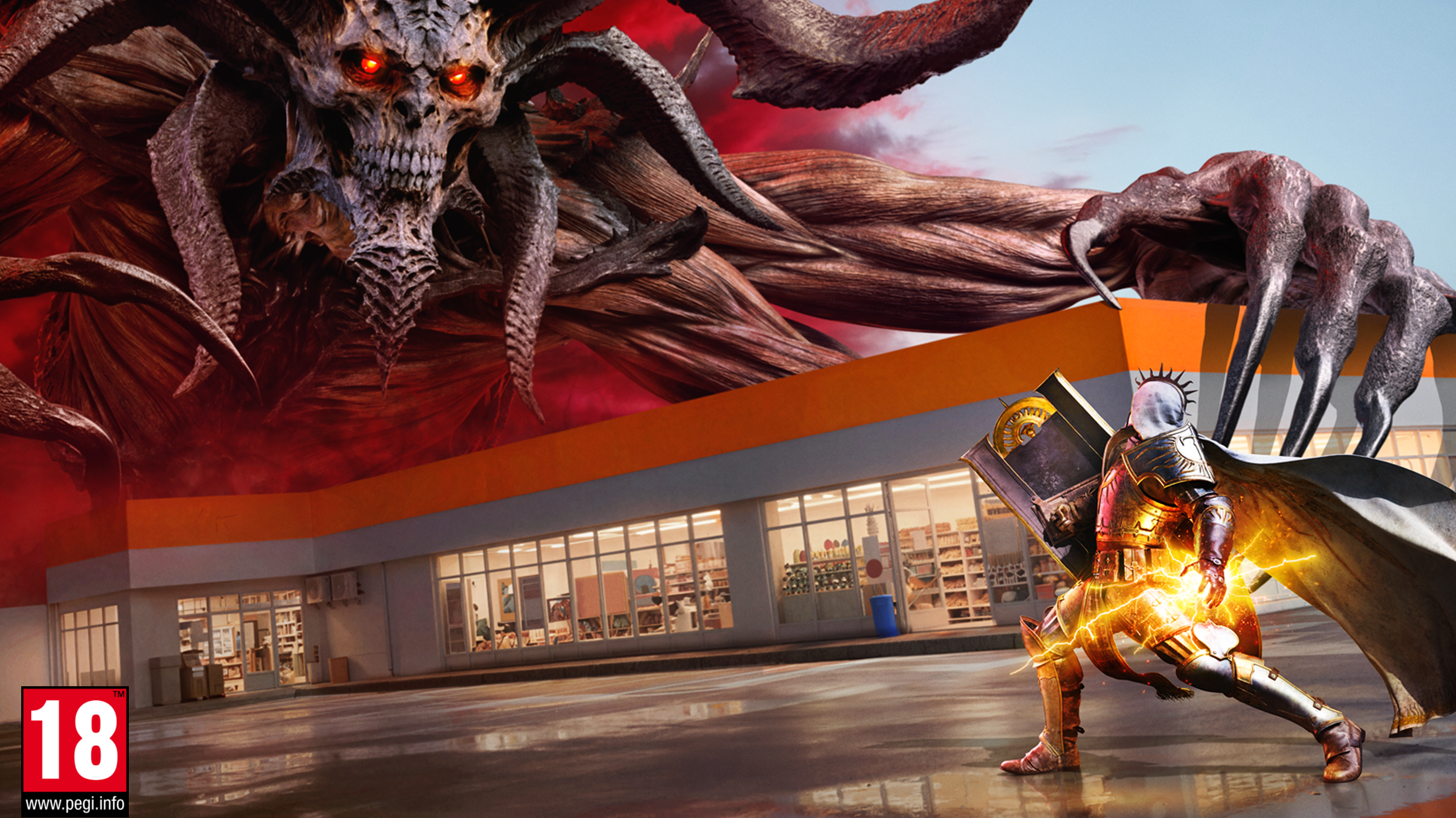 Der Charakter Mephisto aus „Diablo IV“ erscheint über einem Supermarkt, und der Ritter Paladin steht in voller Rüstung bereit, um gegen ihn zu kämpfen