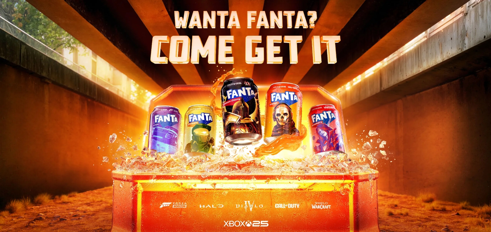 Eine Belohnungskiste wurde geöffnet und enthüllte Fanta-Dosen mit Figuren aus „Forza Horizon 6“, „Call of Duty“, „Diablo IV“, „Halo: Campaign Evolved“ und „World of Warcraft“.   Text reads: "Wanta Fanta? Komm hol sie dir!"