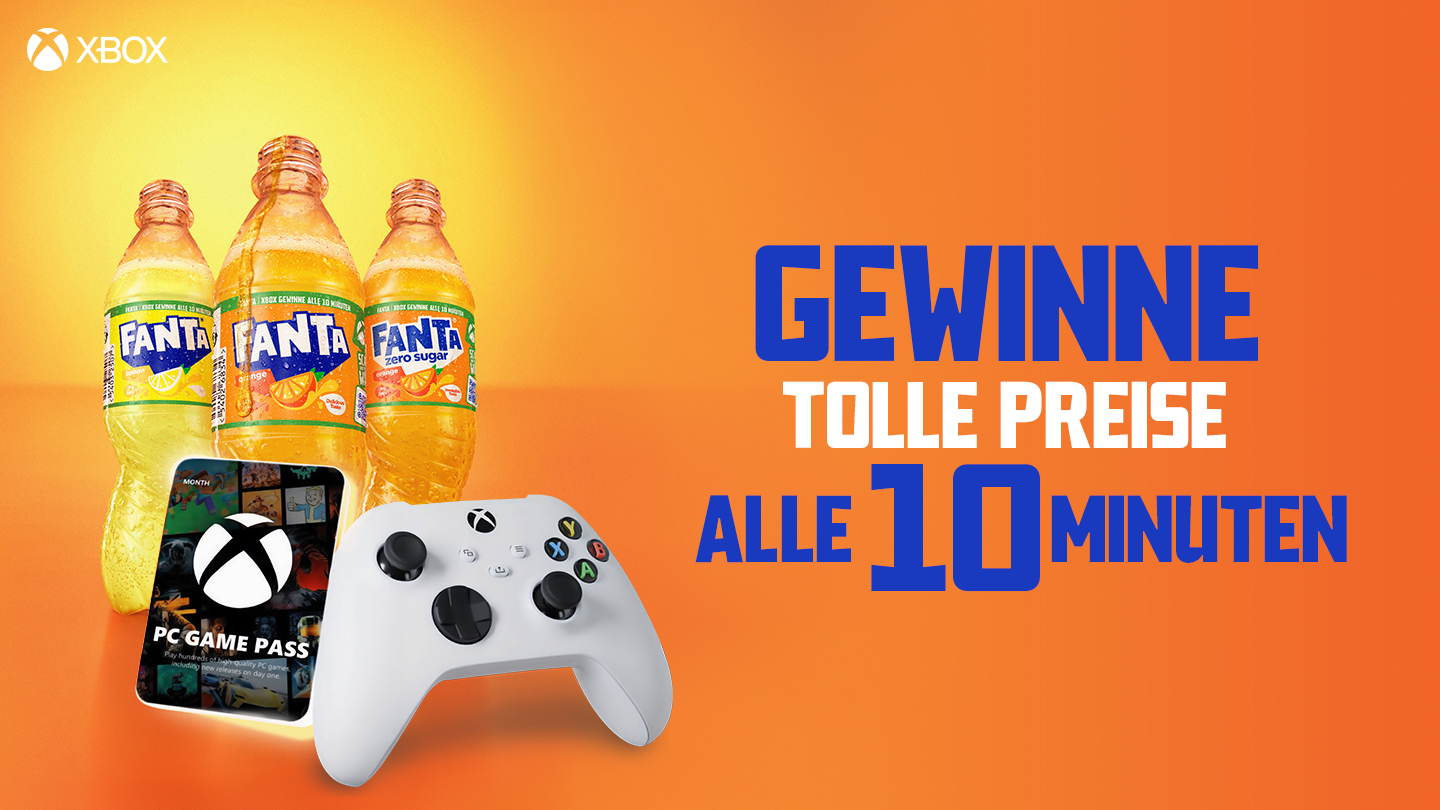 A can of Fanta with text promoting Xbox prizes given away [every 5 minutes]; orange and yellow background with bold lettering.