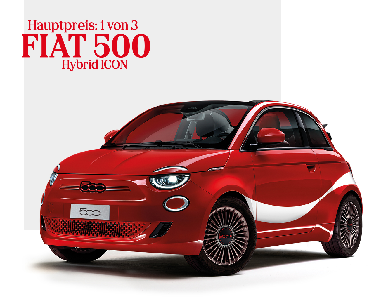 Coca-Cola Gewinnspiel: Hauptpreis 1 von 3 FIAT 500 Hybrid ICON, dazu über 2.000 weitere Gewinne. Aktionsprodukte Coca-Cola, Fanta, Sprite oder Mezzo Mix kaufen und mitmachen.