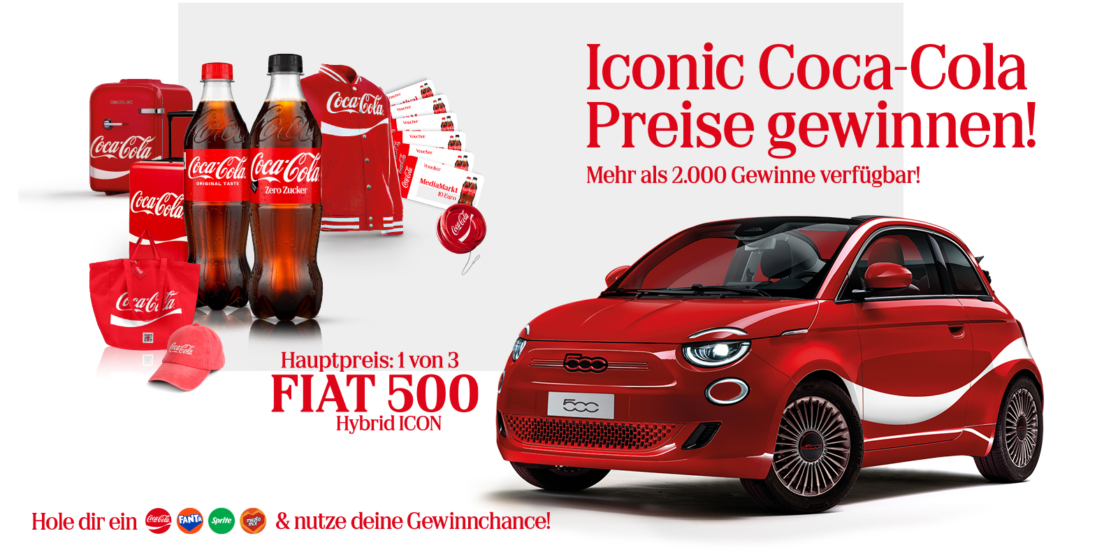 Coca-Cola Gewinnspiel: Hauptpreis 1 von 3 FIAT 500 Hybrid ICON, dazu über 2.000 weitere Gewinne. Aktionsprodukte Coca-Cola, Fanta, Sprite oder Mezzo Mix kaufen und mitmachen.
