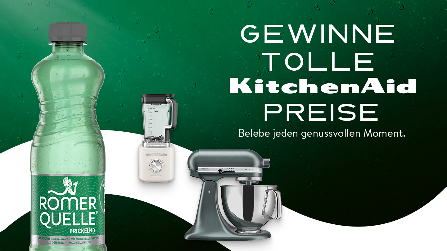 Banner mit einer Flasche Römerquelle und dem Text „Gewinne tolle KitchenAid Preise - Belebe jeden genussvollen Moment.“