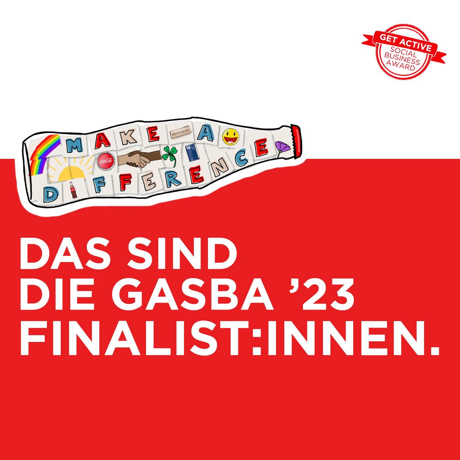 Man sieht das GASBA Key Visual und auf rotem Hintergrund steht in weißer Schrift "Das sind die GASBA 23 Finalst:innen"