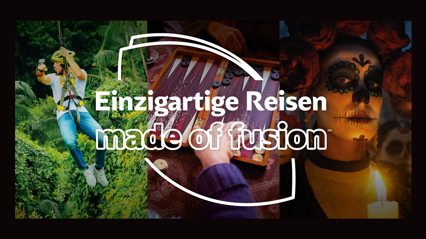 Banner mit dem Text „Einzigartige Reisen – made of fusion“, im Hintergrund drei Fotos, die Reise und Abenteuer symbolisieren.