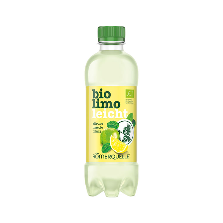 Eine Flasche Römerquelle bio limo leicht Zitrone Limette Minze