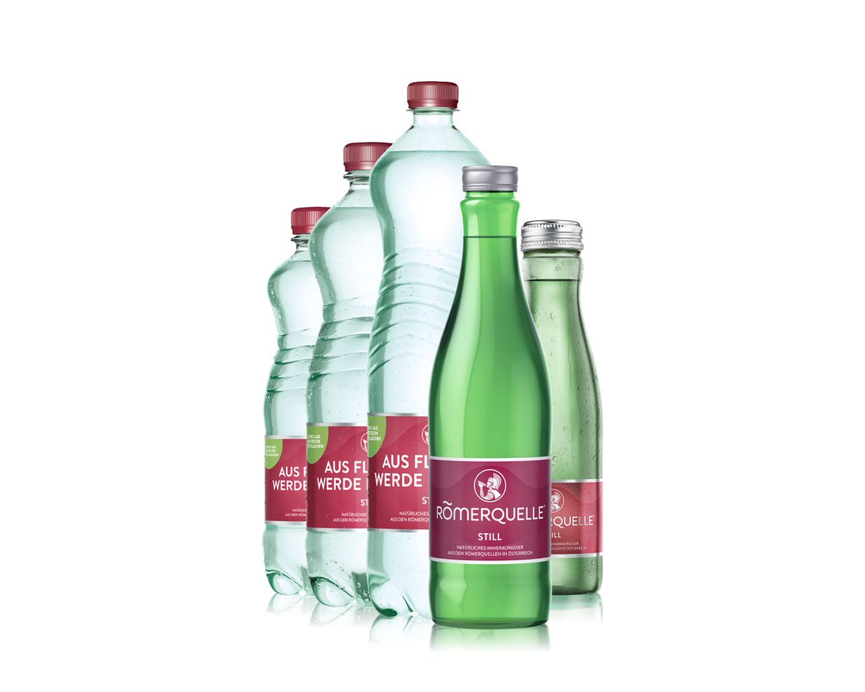Mehrere Flaschen Römerquelle-Mineralwasser in verschiedenen Grössen.
