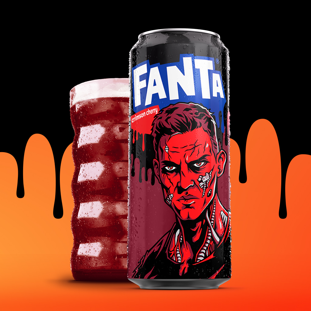 Die limitierte Fanta Crimson Cherry Dose mit einer Fanta Halloween-Figur.