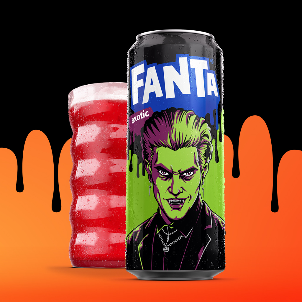 Die limitierte Fanta Exotic Dose mit einer Fanta Halloween-Figur.