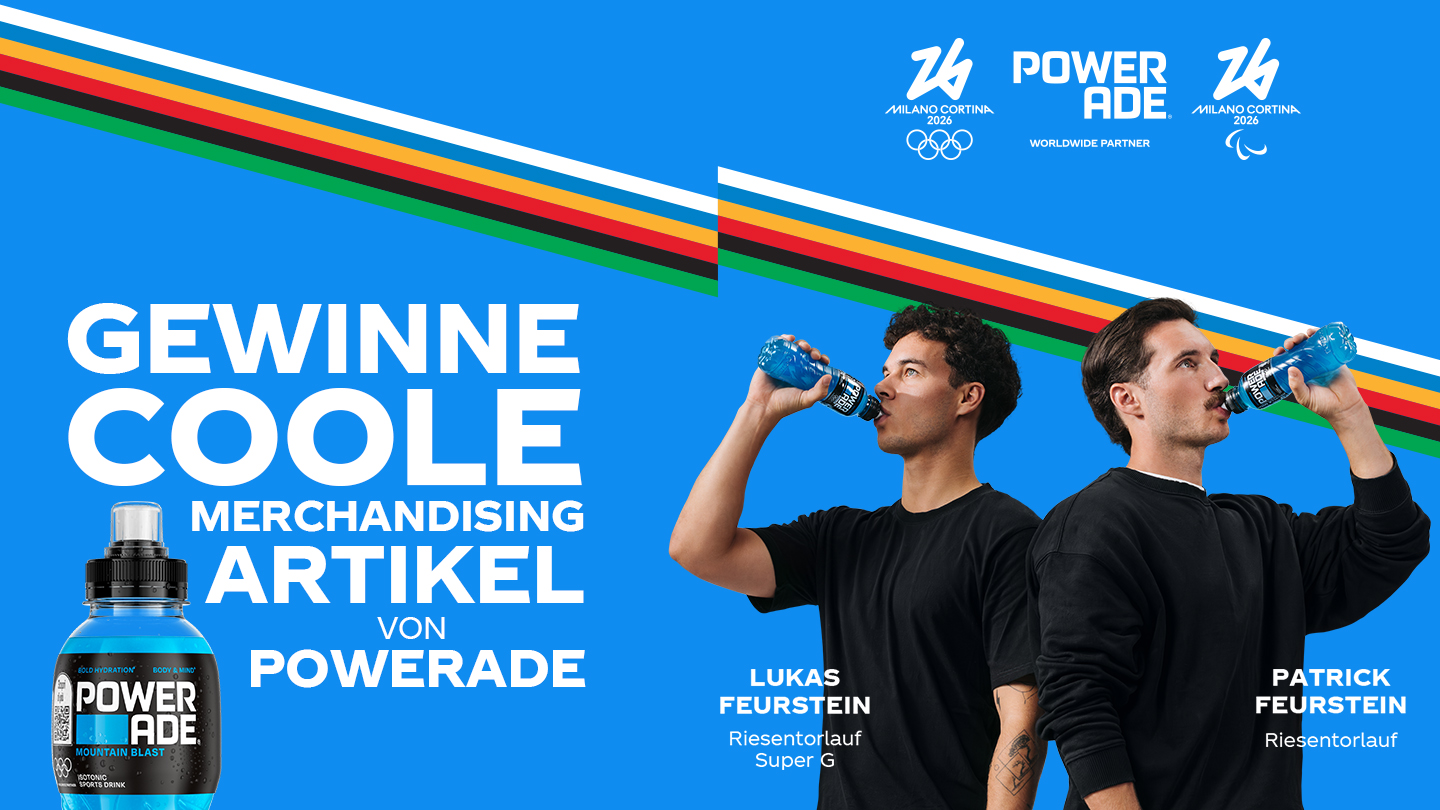 Werbegrafik mit zwei sportlichen Personen, die aus Powerade-Flaschen trinken, sowie einer großen Powerade-Flasche im Vordergrund. Text: ‚Gewinne coole Merchandising Artikel von Powerade‘ und Olympialogos