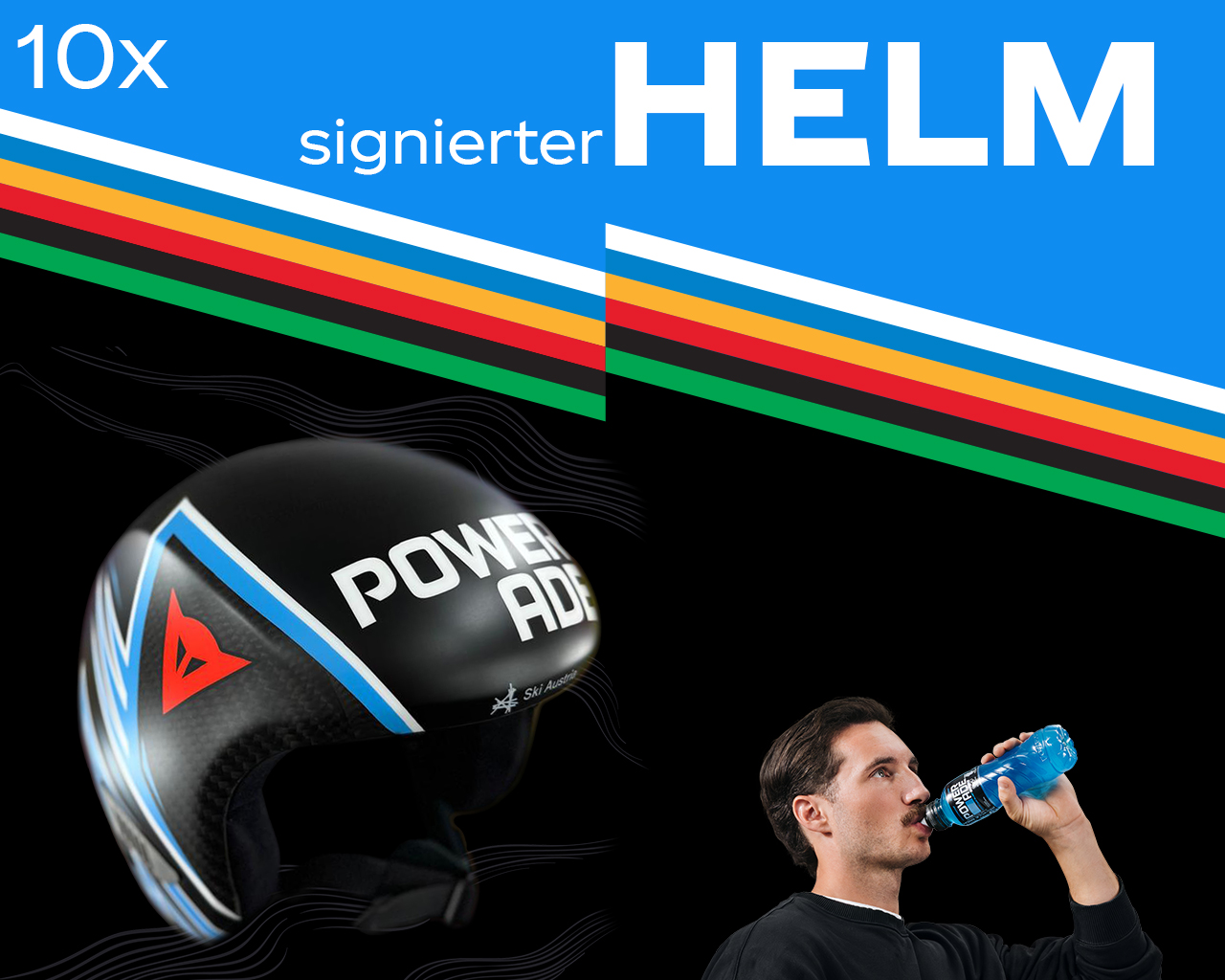 Werbegrafik mit einem schwarzen Powerade-Skihelm und einer Person, die aus einer Powerade-Flasche trinkt. Text: ‚10x signierter Helm