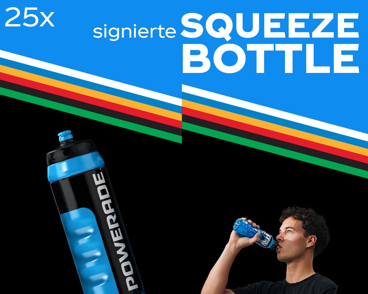 Werbegrafik mit einer blau-schwarzen Powerade-Trinkflasche und einer Person, die aus einer Powerade-Flasche trinkt. Text: ‚25x signierte Squeeze Bottle