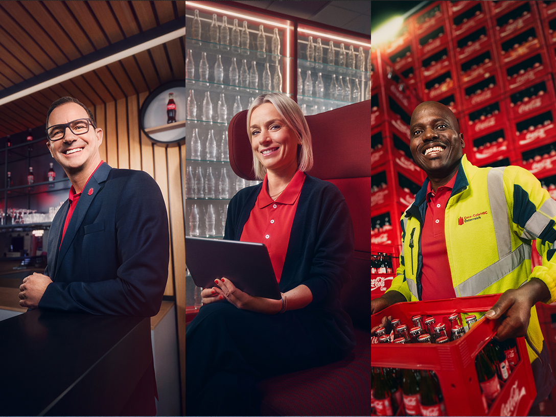 Collage mit Wolfgang Tammeger, Verena Stemmer und Joe Chinedu in ihren Arbeitsumgebungen bei Coca-Cola