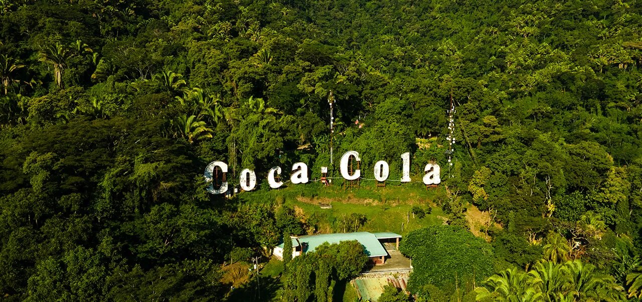Open view of a natural landscape with trees and the Coca-Cola lettering in the middle
