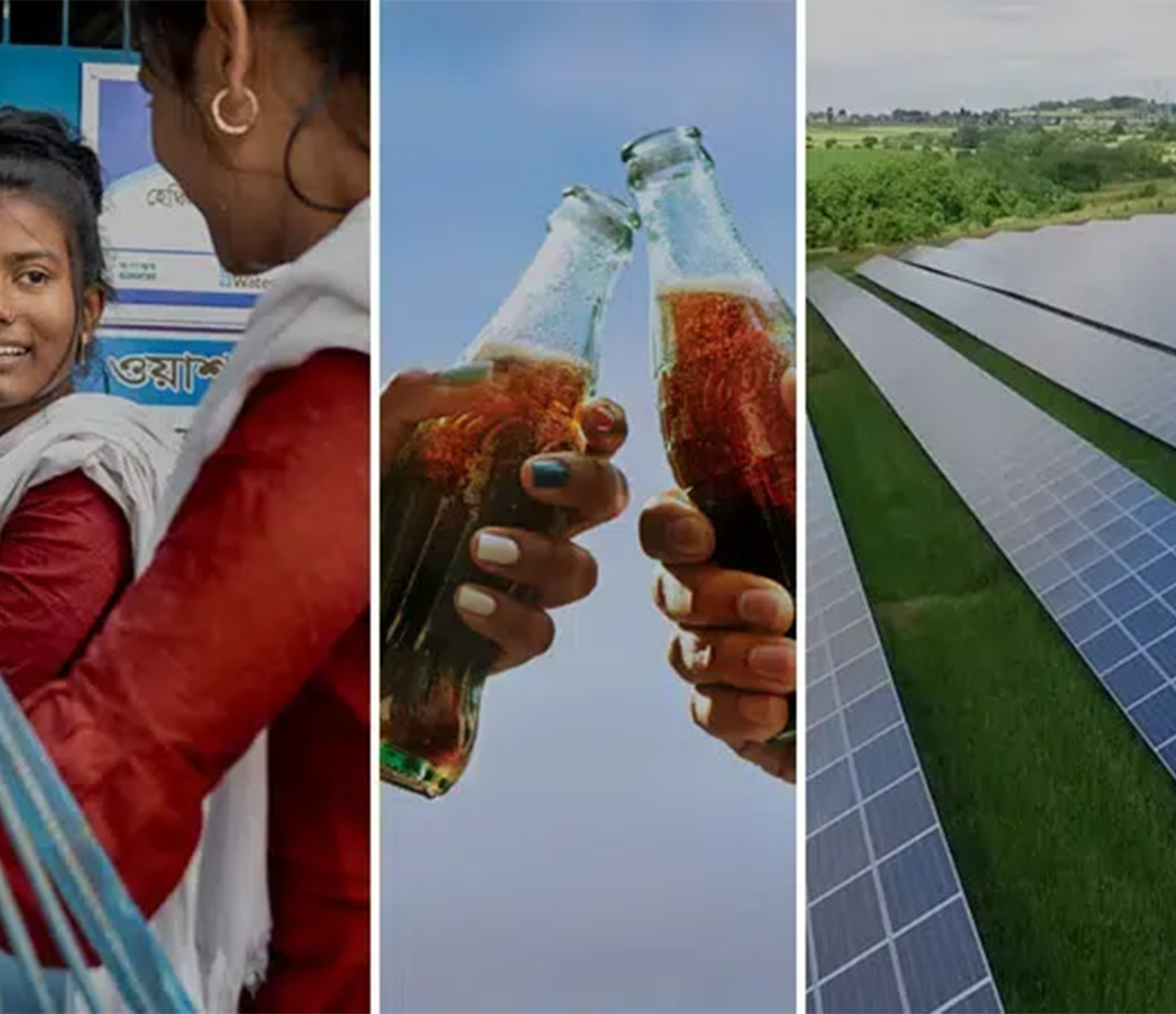 Three photos grouped side by side, with two women working together looking at each other, two bottles of Coca-Cola toasting, and solar panels in an open field