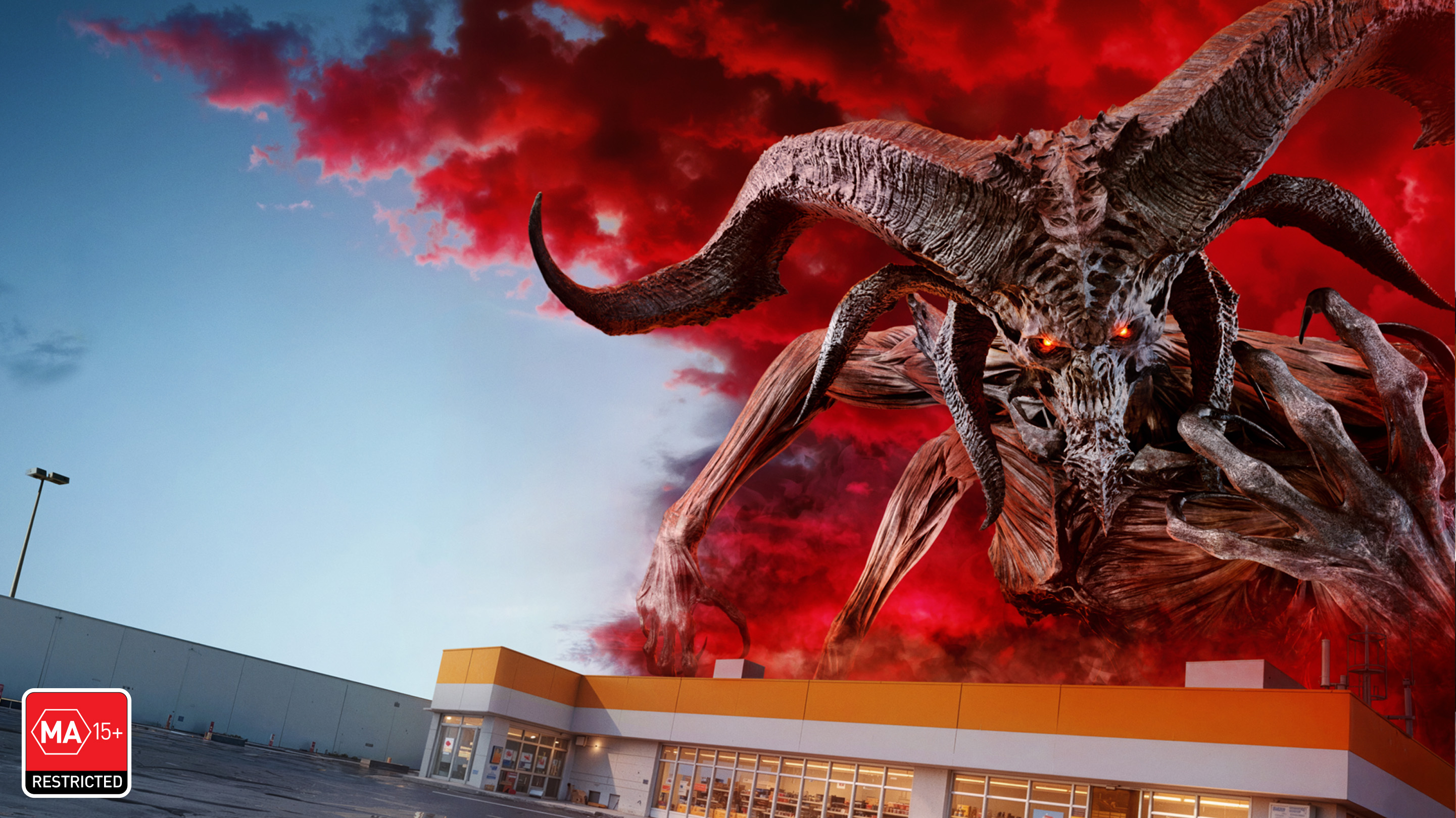 The Diablo IV character Mephisto appears above a convenience store and the knight Paladin stands in armor ready to fight him. 