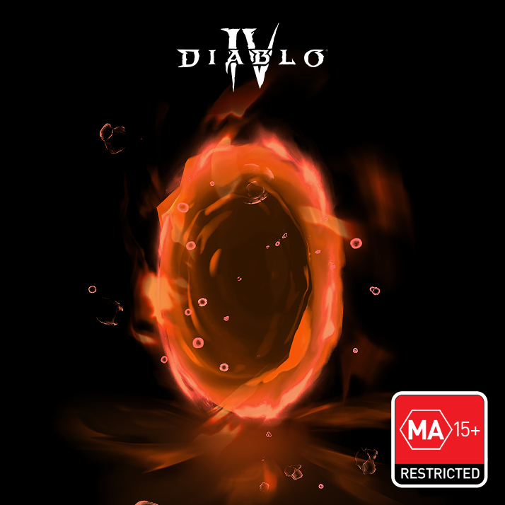 A glowing orange portal against a black background, under a Diablo IV logo.