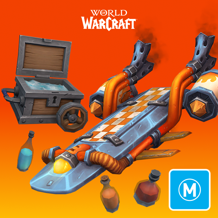 The Fantastical Goblin Waveshredder skateboard attachment, a Dyeable Bottle, and a Sturdy Portable Ice Chest against an orange background and under a World of Warcraft logo.
