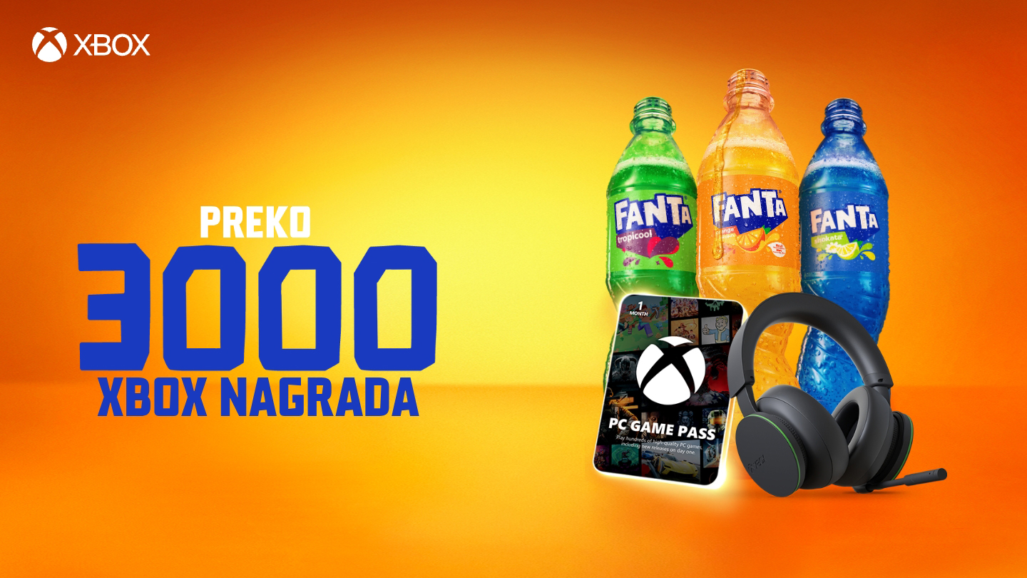 Fanta 500 ml (PET) s tekstom koji promovira Xbox nagrade koje se dodjeljuju; narandžasta i žuta pozadina s podebljanim slovima.